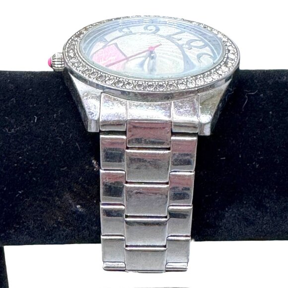 Betsey Johnson Womens Silver Toned Link Band Analog Watch Pink Heart Rhinestones - Picture 3 of 8
